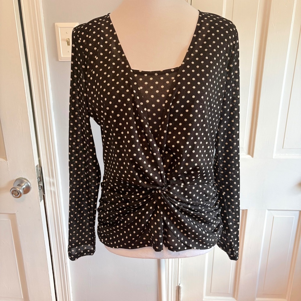 Joseph Ribkoff Womens 8 Top Black White Polka Dot Twist Front Gold Sparkle
